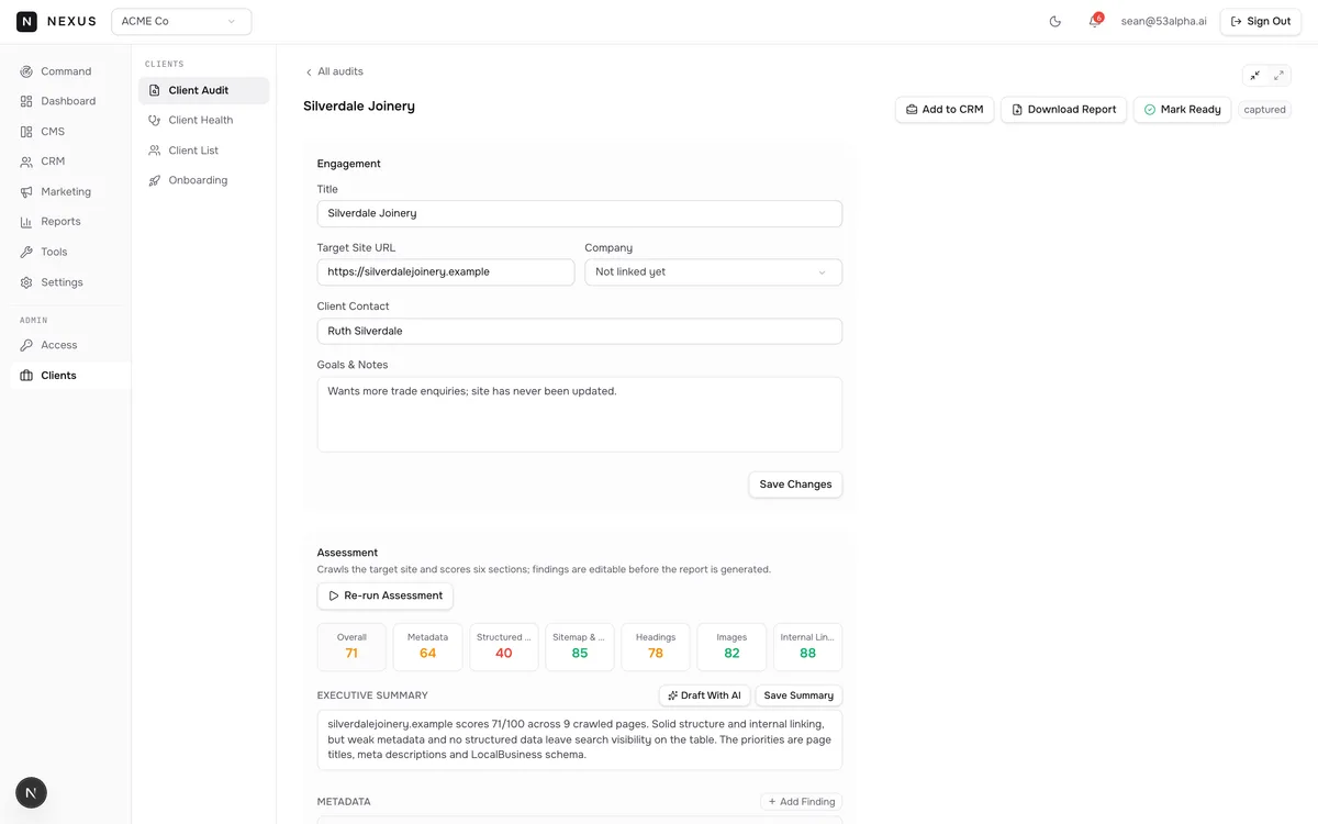 Audit assessment scores and executive summary