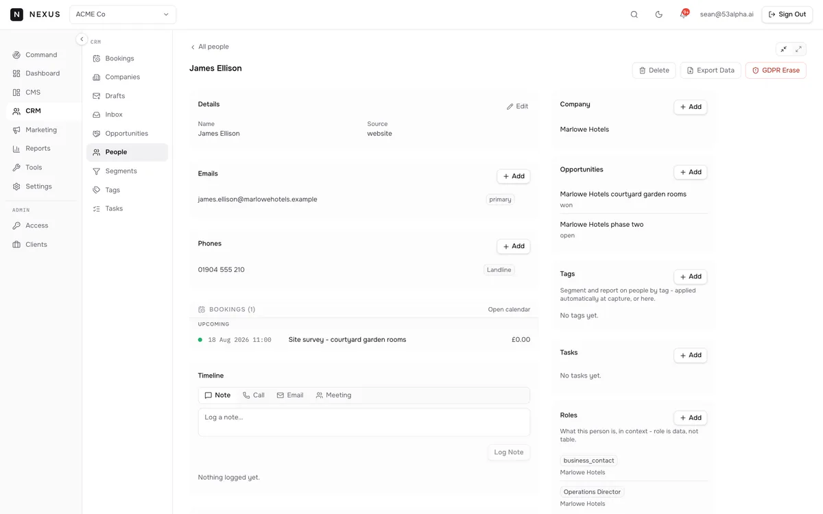 A booking on the customer's CRM record