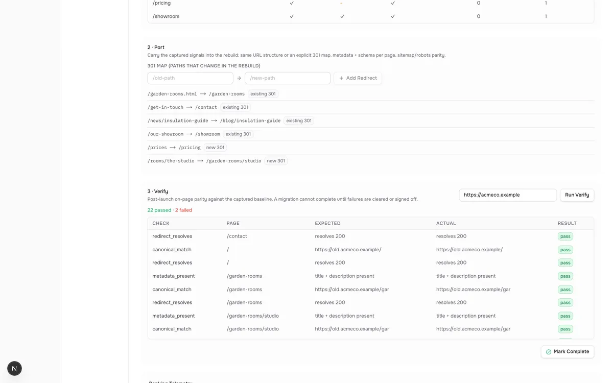 Migration verify: every URL checked against the captured baseline